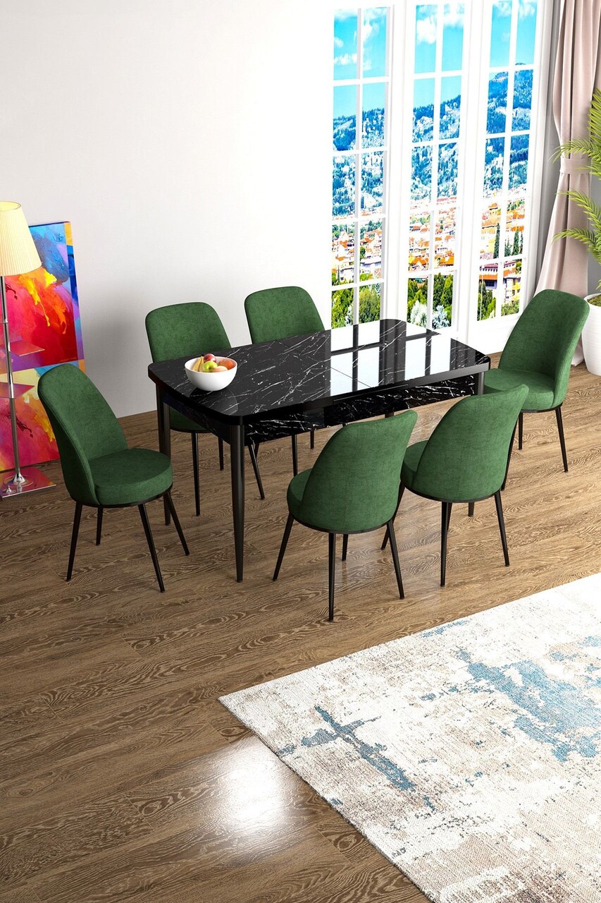 Set masa extensibila si scaune, Hanah Home, Han, Marmură neagră / Kaki - imagine 4